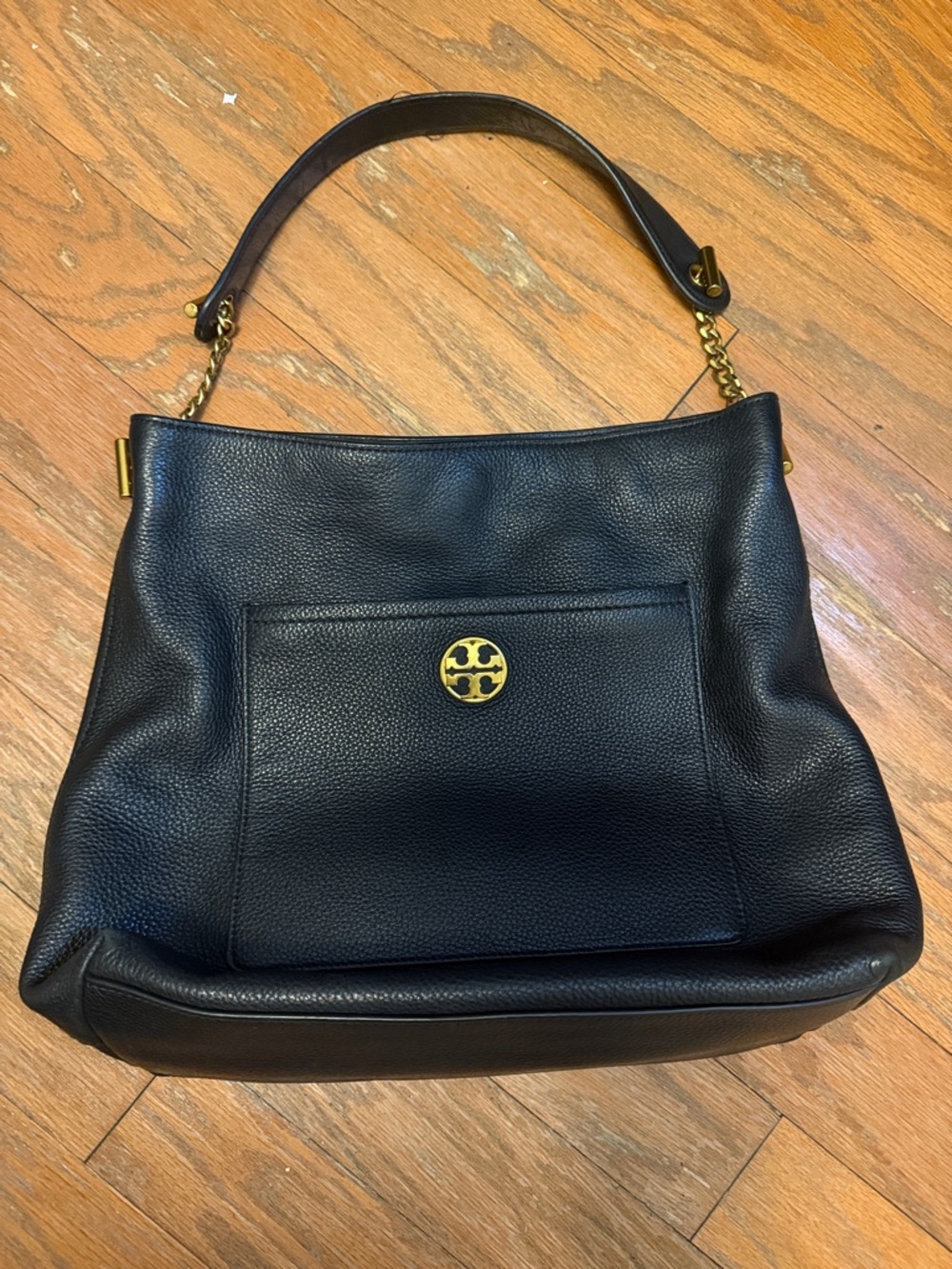 Tory Burch Black Pebbled Leather Shoulder Bag with Gold Logo